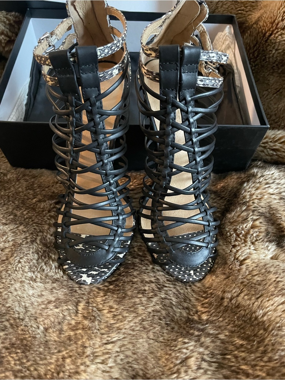 L.A.M.B. Black/Snake print stiletto cage style heels; 7; leather - Picture 5 of 8